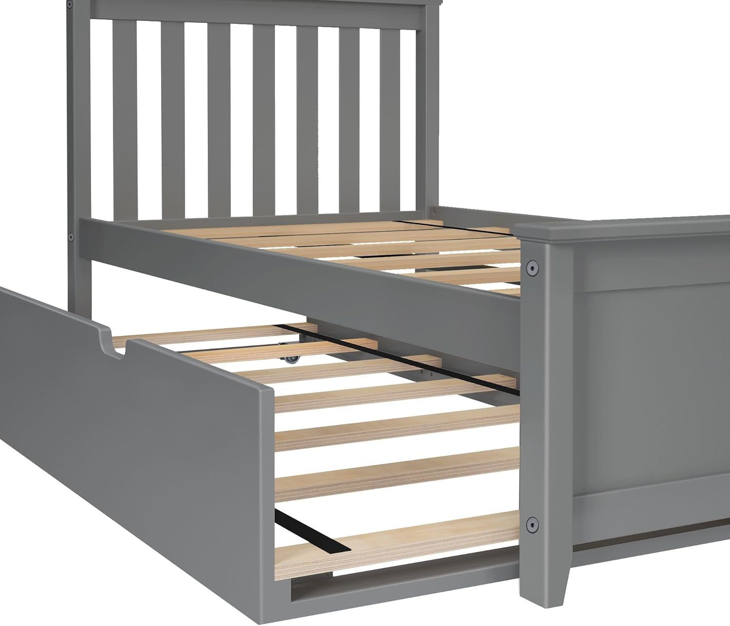 Twin Bed, Wood Bed Frame with Headboard for Kids with Trundle, Slatted, Grey