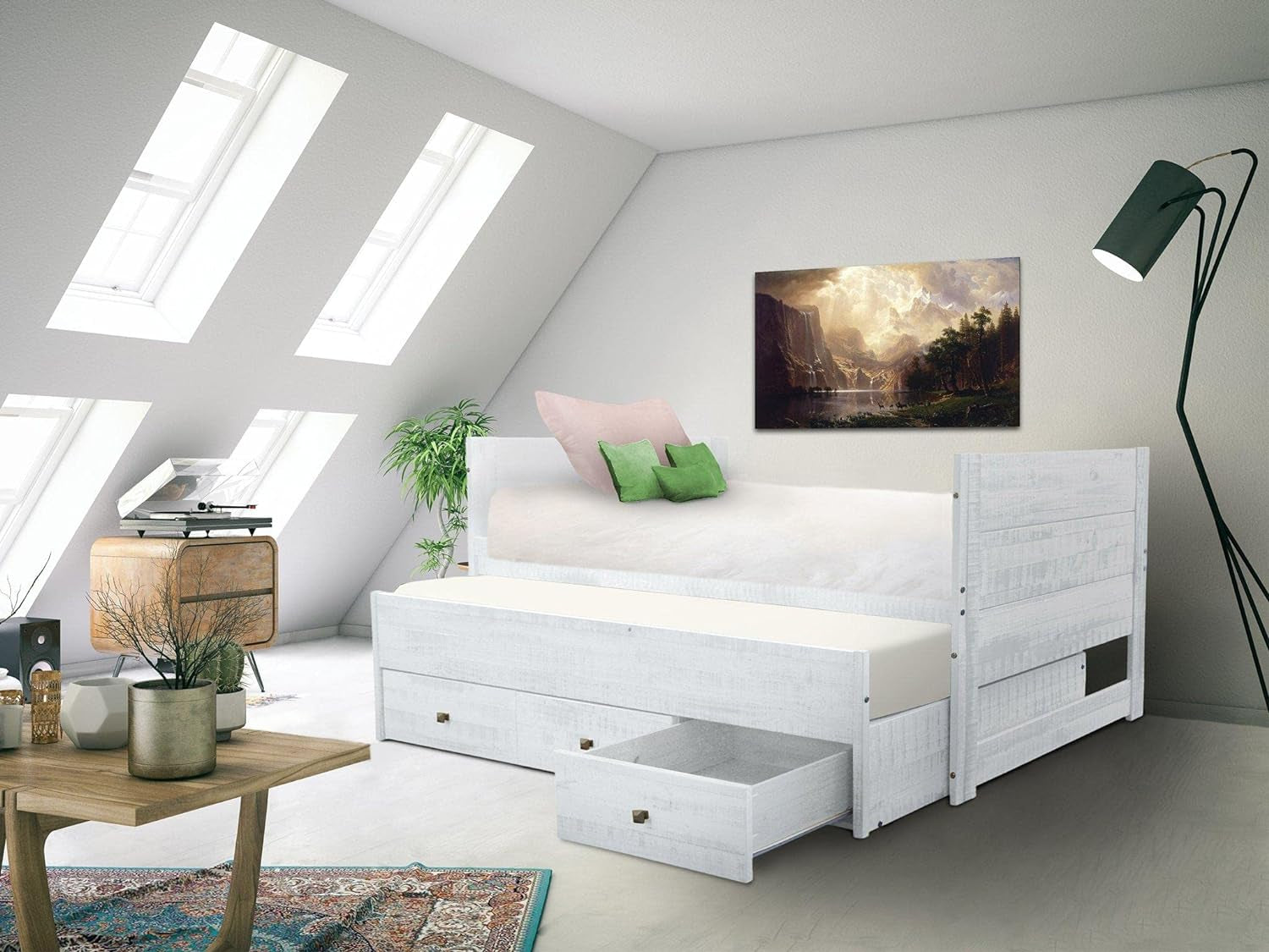 All in One Twin Bed with Twin Trundle and 3 Built in Drawers, Rustic White