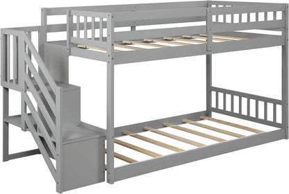 Twin Bunk Beds with Storage for Kids, Low Profile Bunk Beds with Staircase, No Box Spring Needed