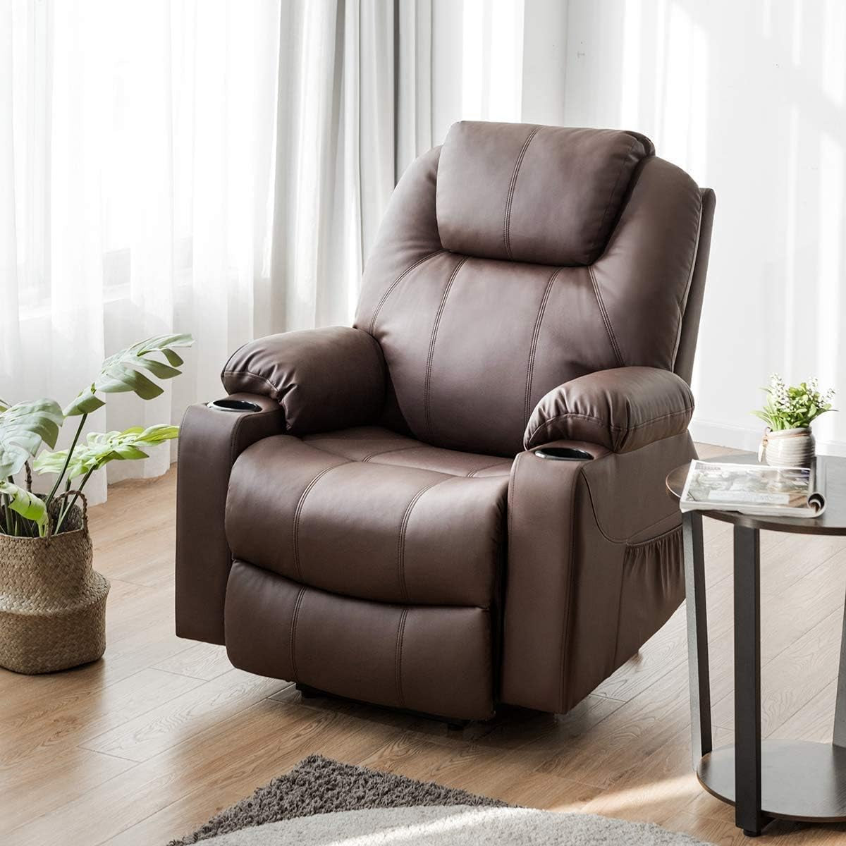 Power Lift Recliner Chair for Elderly, Faux Leather Electric Recliner W/Massage and Heating, 3 Positions, Side Pockets and Cup Holders, USB Ports, Remote Control, Motorized Home Theater Seat