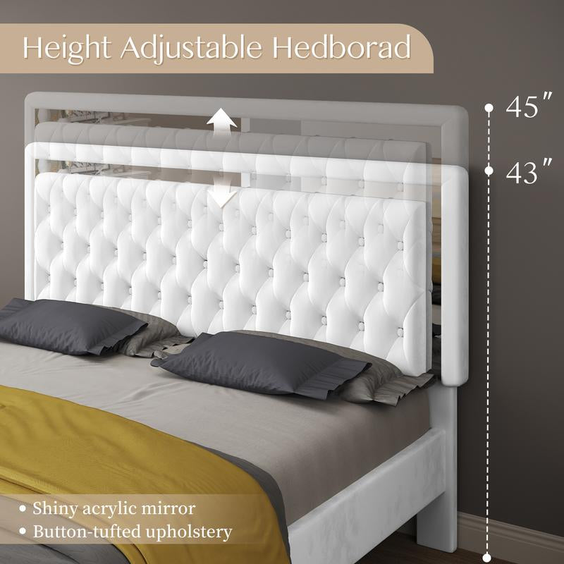 【Holiday Deal】Amerlife LED Bed Frame with Led Lights Adjustable Headboard Velvet Button Tufted/Acrylic Mirror Accents, No Box Spring Needed