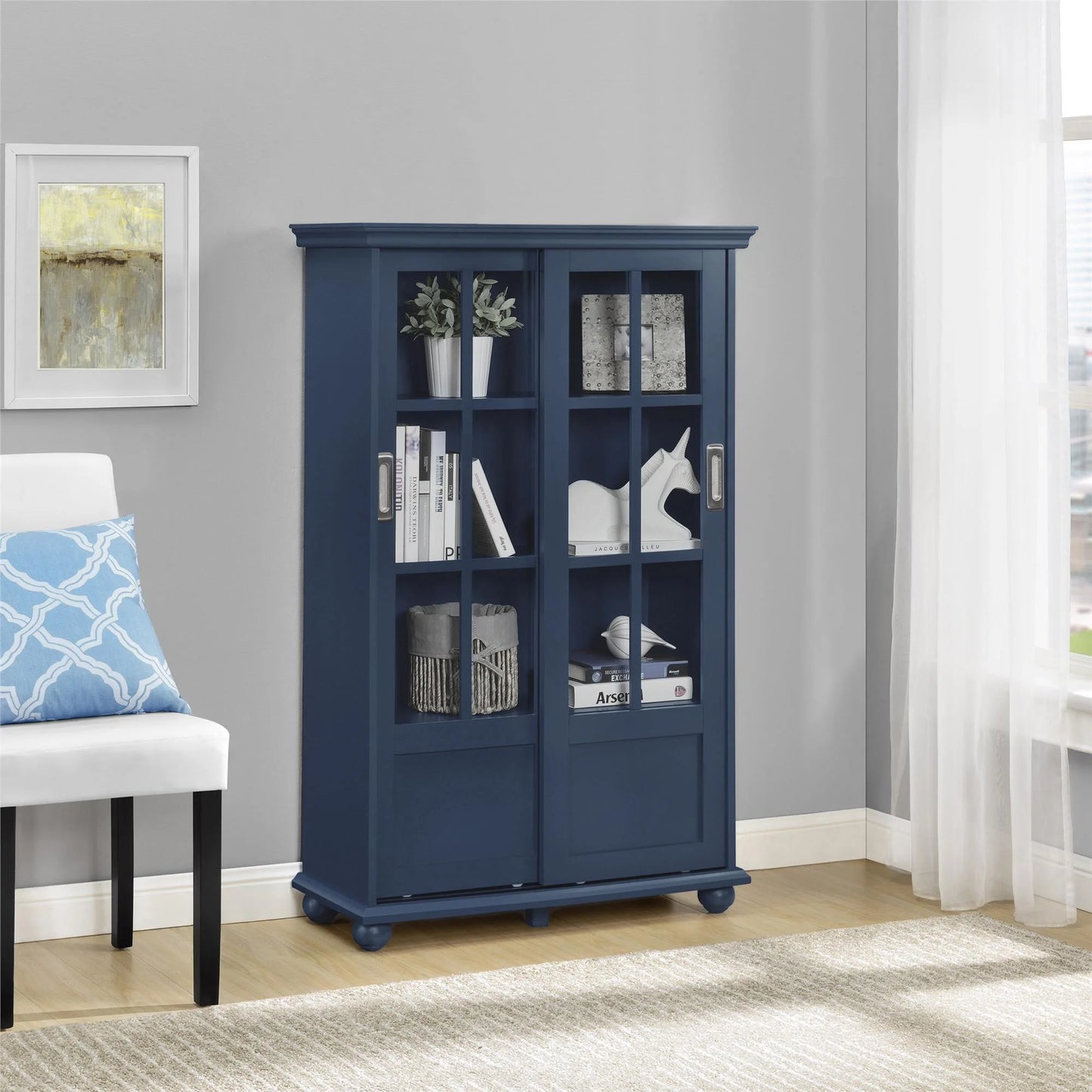 Aaron Lane Bookcase with Sliding Glass Doors, Multiple Colors - BLUE