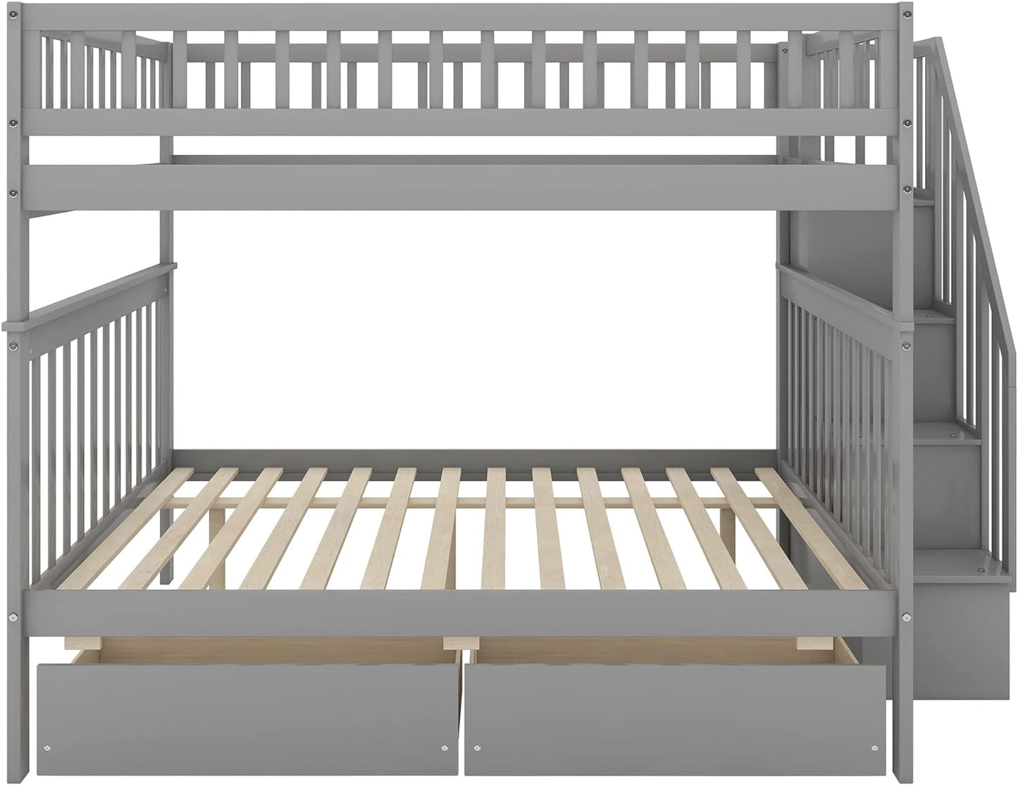 Stairway Bunk Beds Full over Full, Wooden Full Bunk Bed with Steps and 2 Drawers, Bunk Beds Frame with Shelves Storage for Kids(Grey)