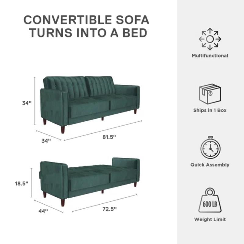 81.5” Velvet Square Arm Converitble Sofa, Brown-Toned Tapered Legs, Vertical Channel Tufting, Square Arms, Foam-Filled Cushions