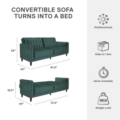 81.5” Velvet Square Arm Converitble Sofa, Brown-Toned Tapered Legs, Vertical Channel Tufting, Square Arms, Foam-Filled Cushions