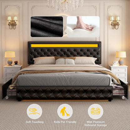 Queen LED Smart Bed Frame with 4 Storage Drawers, RGBW LED Lights Headboard & Footboard, DIY Color Control, Box Spring Optional, PU Leather Black