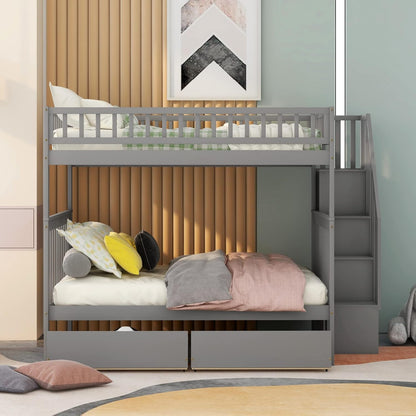 Stairway Bunk Beds Full over Full, Wooden Full Bunk Bed with Steps and 2 Drawers, Bunk Beds Frame with Shelves Storage for Kids(Grey)