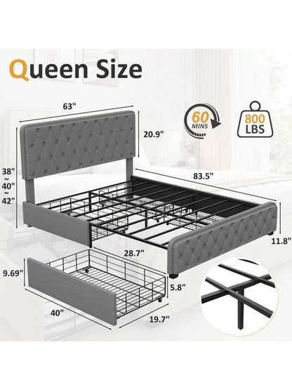 Gunji Queen Storage Bed with Headboard Upholstered Bed Frame with 4 Drawers, Headboard Rivet Design, Easy Assemble, No Box Spring Needed