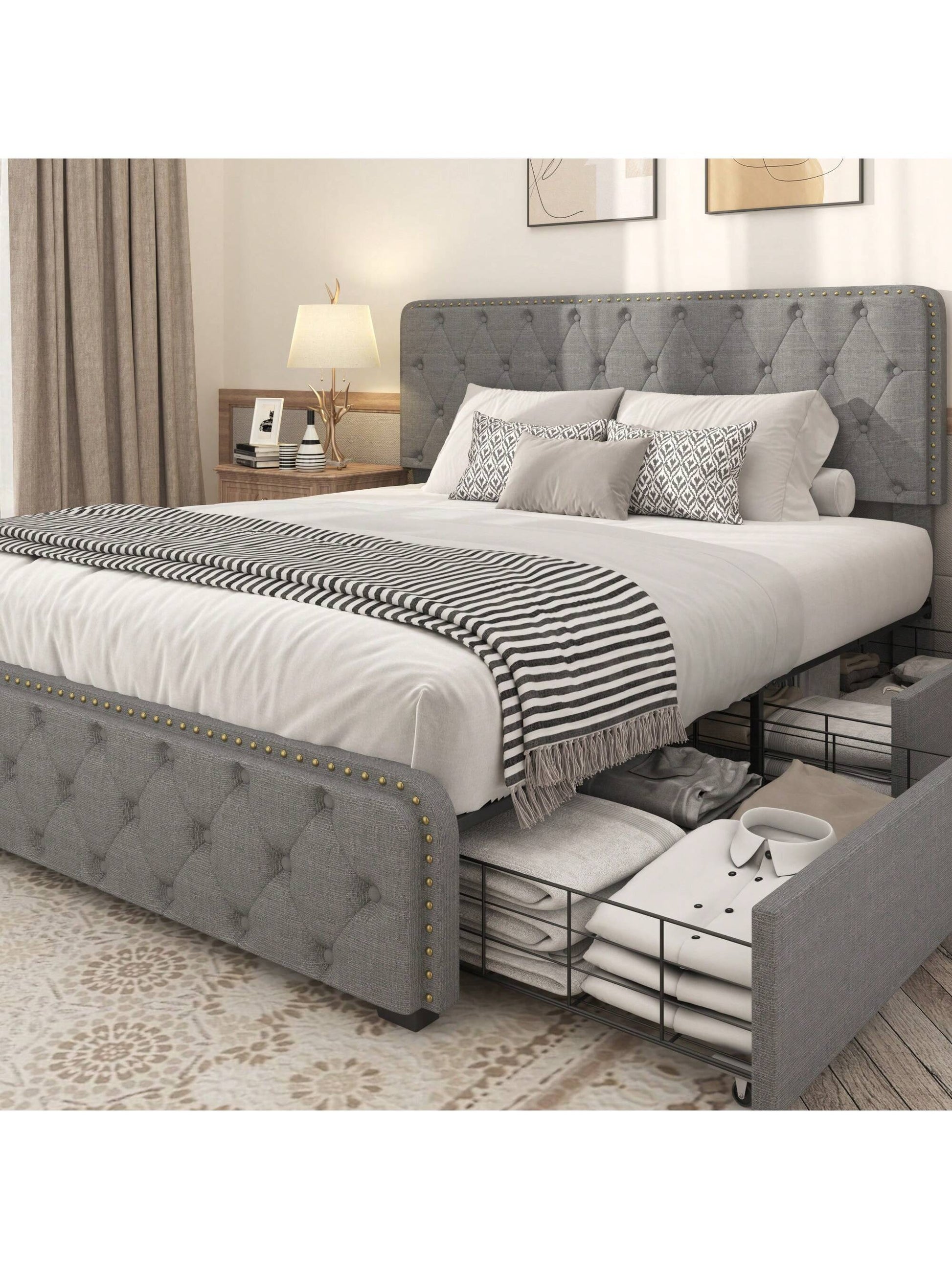 Gunji Queen Storage Bed with Headboard Upholstered Bed Frame with 4 Drawers, Headboard Rivet Design, Easy Assemble, No Box Spring Needed