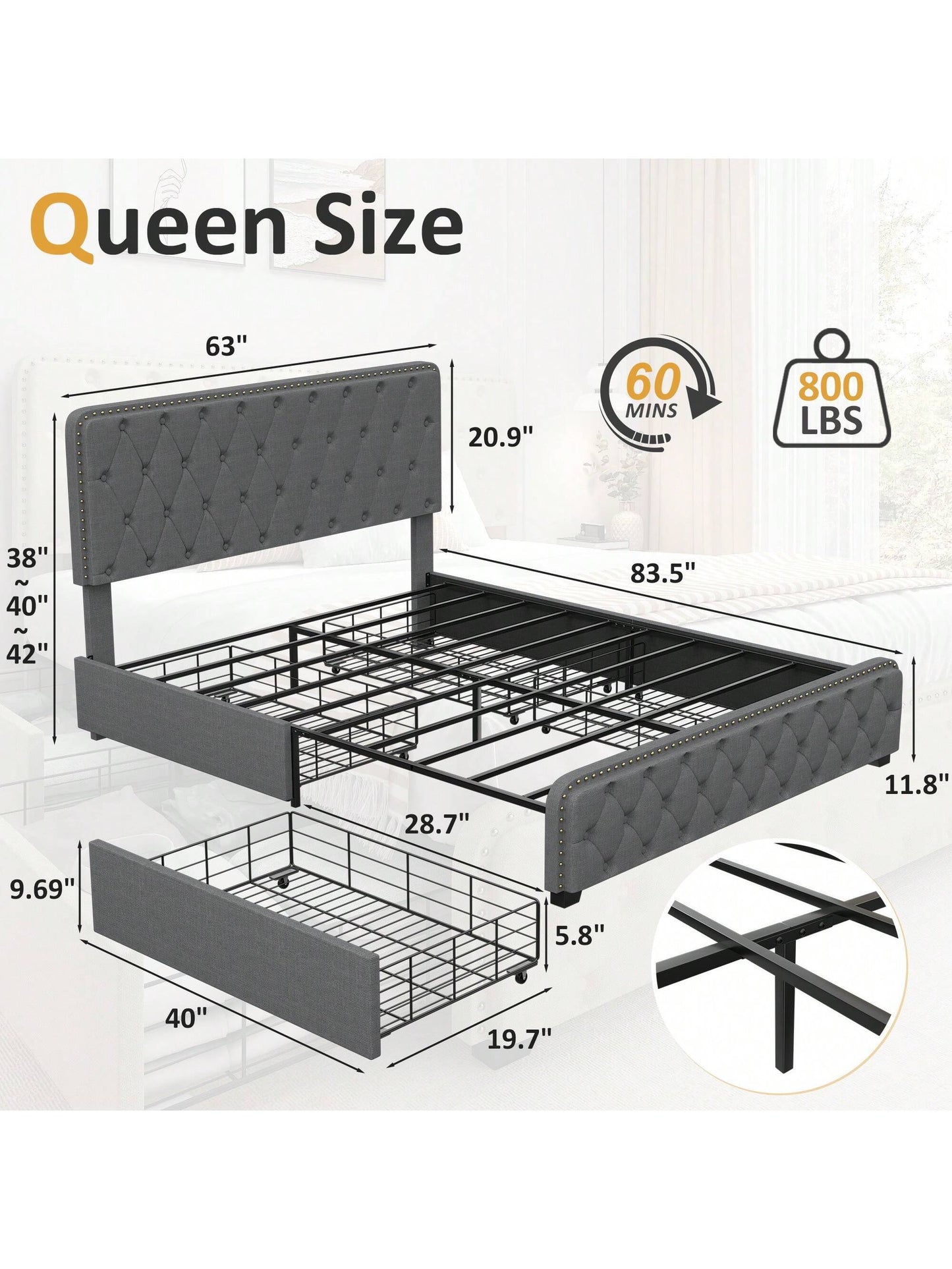 Gunji Queen Storage Bed with Headboard Upholstered Bed Frame with 4 Drawers, Headboard Rivet Design, Easy Assemble, No Box Spring Needed