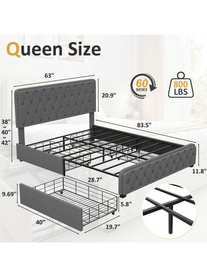 Gunji Queen Storage Bed with Headboard Upholstered Bed Frame with 4 Drawers, Headboard Rivet Design, Easy Assemble, No Box Spring Needed