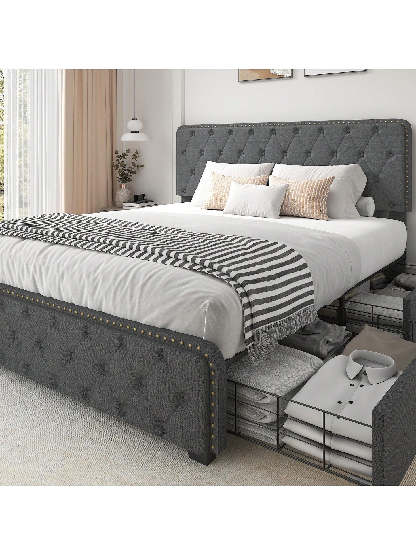 Gunji Queen Storage Bed with Headboard Upholstered Bed Frame with 4 Drawers, Headboard Rivet Design, Easy Assemble, No Box Spring Needed