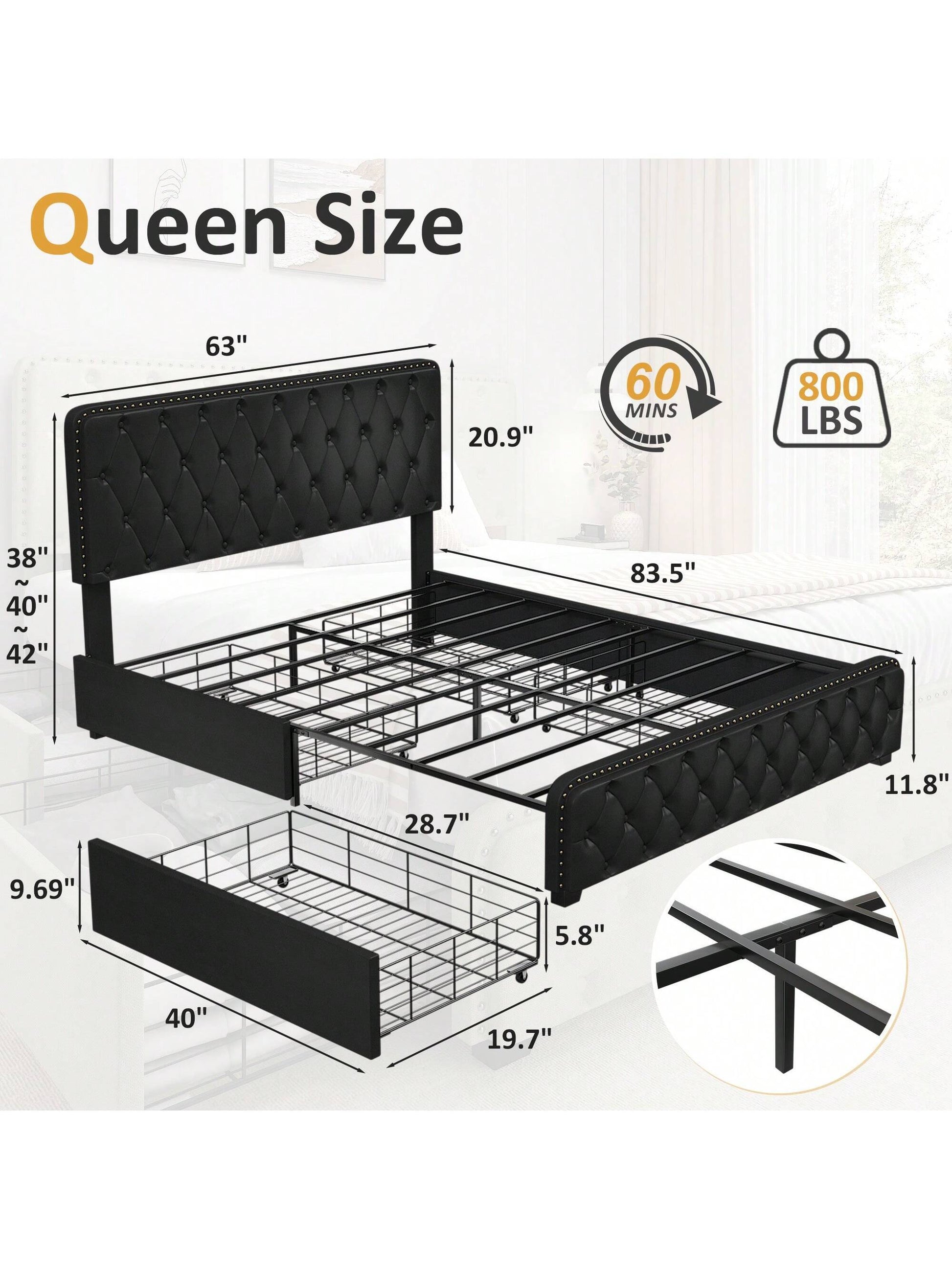 Gunji Queen Storage Bed with Headboard Upholstered Bed Frame with 4 Drawers, Headboard Rivet Design, Easy Assemble, No Box Spring Needed