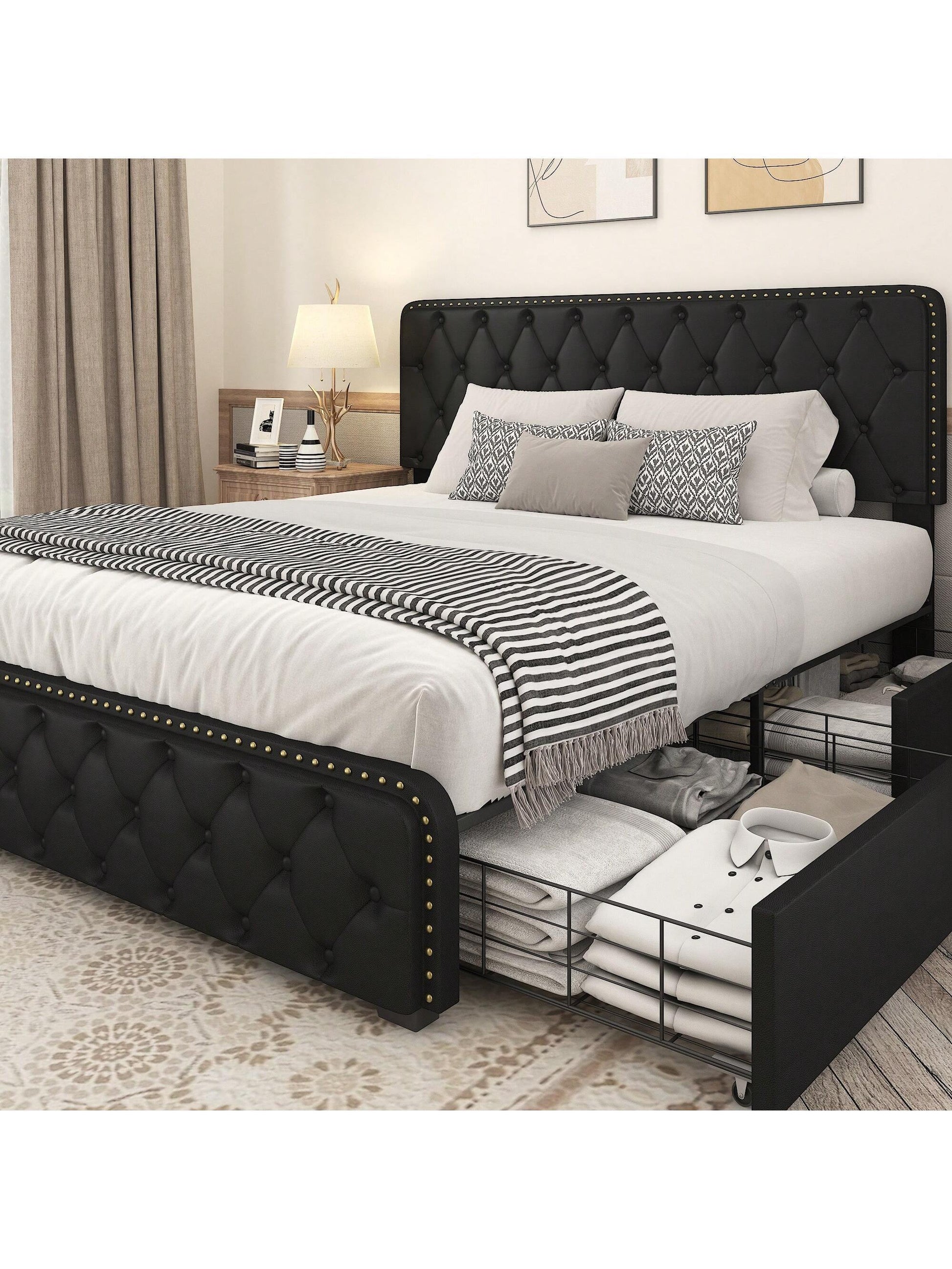 Gunji Queen Storage Bed with Headboard Upholstered Bed Frame with 4 Drawers, Headboard Rivet Design, Easy Assemble, No Box Spring Needed