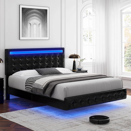 Full Floating Bed with Lights, LED Platform Bed Frame with under Bed Storage, PU Leather Adjustable Tufted Upholstered Bed, Black