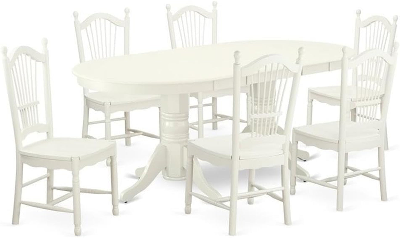 VADO7-LWH-W 7 Piece Modern Dining Table Set Consist of an Oval Wooden Table with Butterfly Leaf and 6 Dining Room Chairs, 40X76 Inch, Linen White