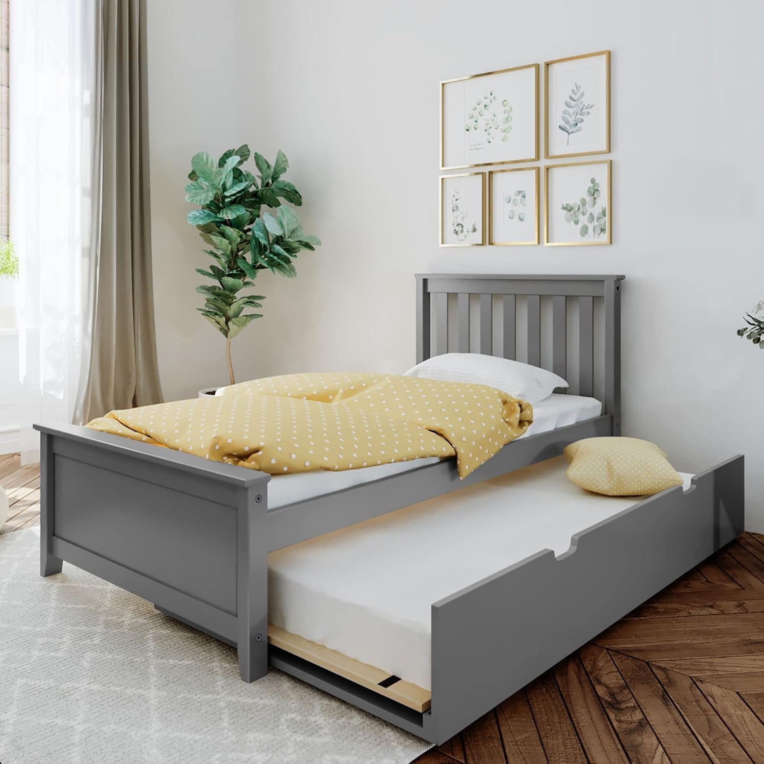 Twin Bed, Wood Bed Frame with Headboard for Kids with Trundle, Slatted, Grey