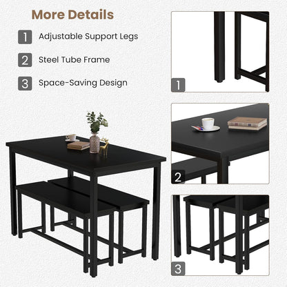 47” Dining Table Set with Benches, 3 Pieces Dining Room Table Set for 4, Wood Kitchen Table and Chair Set with Sturdy Frame, Space Saving Dinette Set for Breakfast Nook, Black