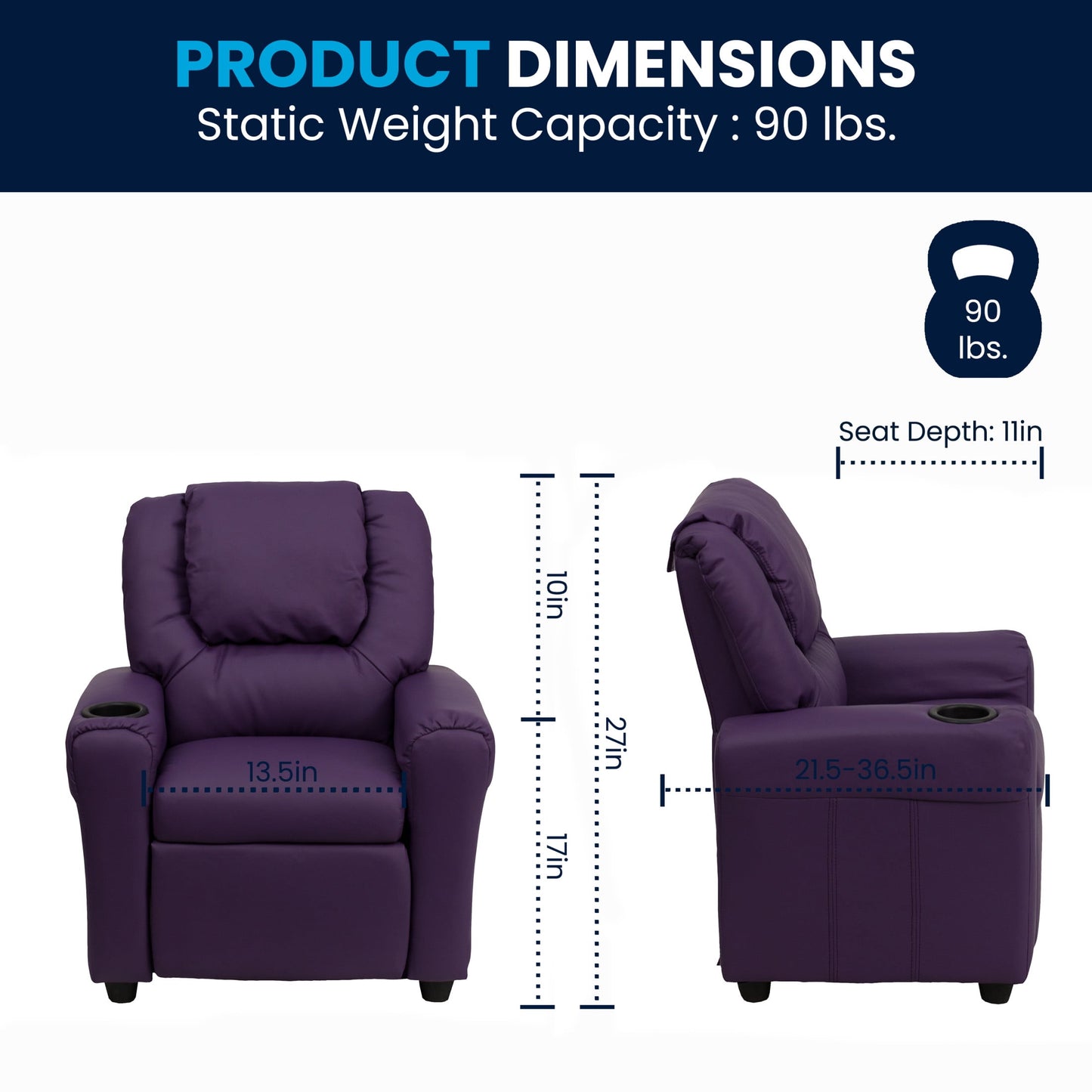 Vana Contemporary Purple Vinyl Kids Recliner with Cup Holder and Headrest