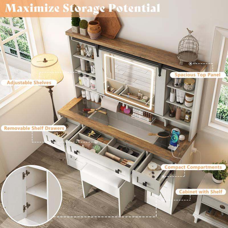 AMERLIFE Farmhouse 47.2" Makeup Vanity Desk with Charging Station, Vanity Set with Stool & Sliding Mirror & 3 Brightness Lights, Glass Desktop