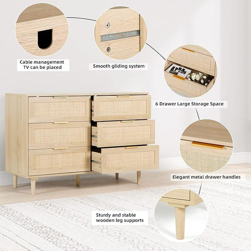 Rattan 3/6 Drawer Dresser，Closet Dressers Chest of Drawers，Nightstand with Storage Versatile Bedside Table，Storage Chest for Bedroom, Hallway, Living Room Tv Stand