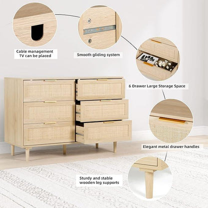 Rattan 3/6 Drawer Dresser，Closet Dressers Chest of Drawers，Nightstand with Storage Versatile Bedside Table，Storage Chest for Bedroom, Hallway, Living Room Tv Stand