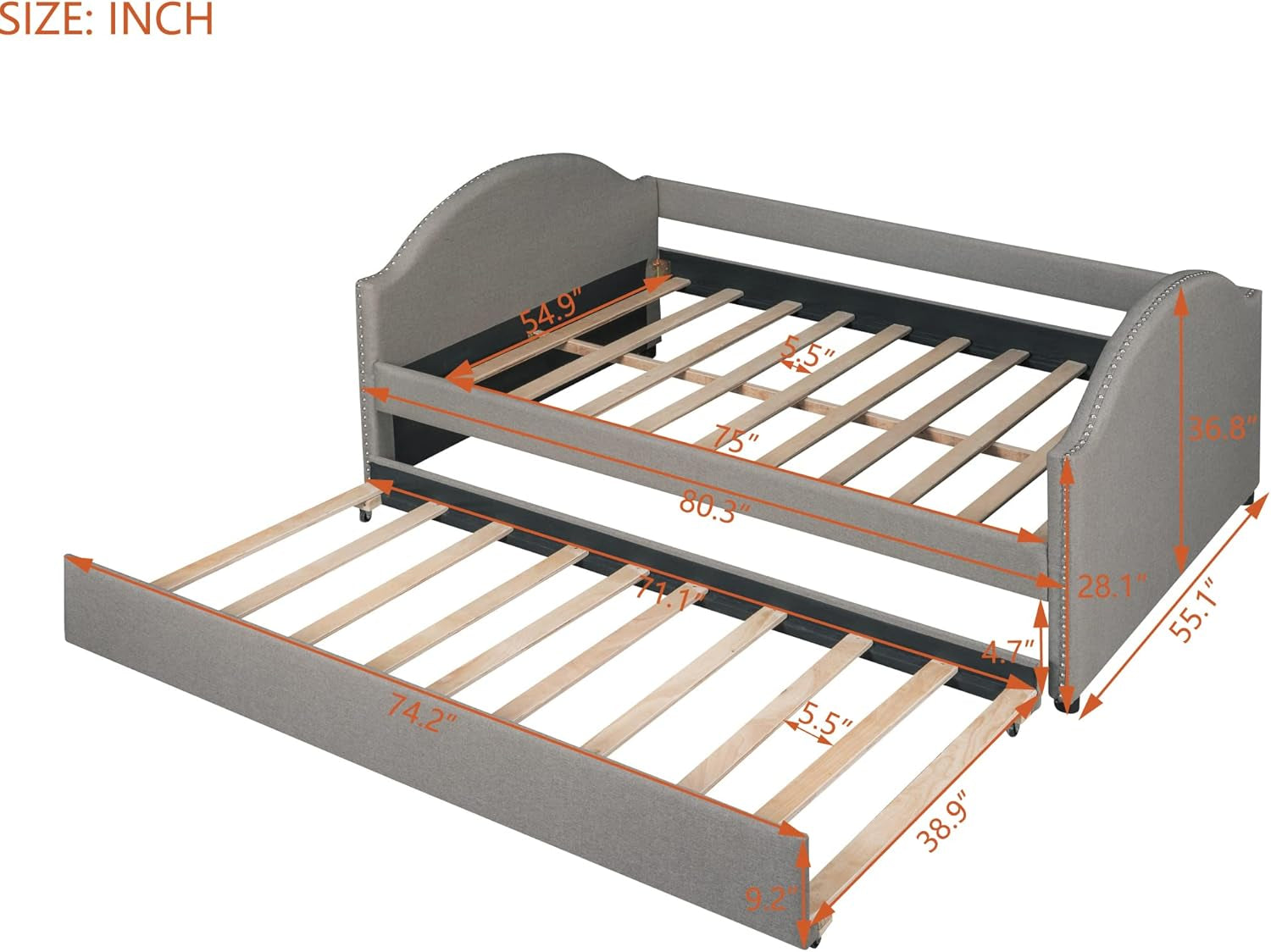 Full Size Upholstered Daybed with Twin Size Trundle, Upholstered Daybed Sofa Bed Frame for Living Room Bedroom, Gray