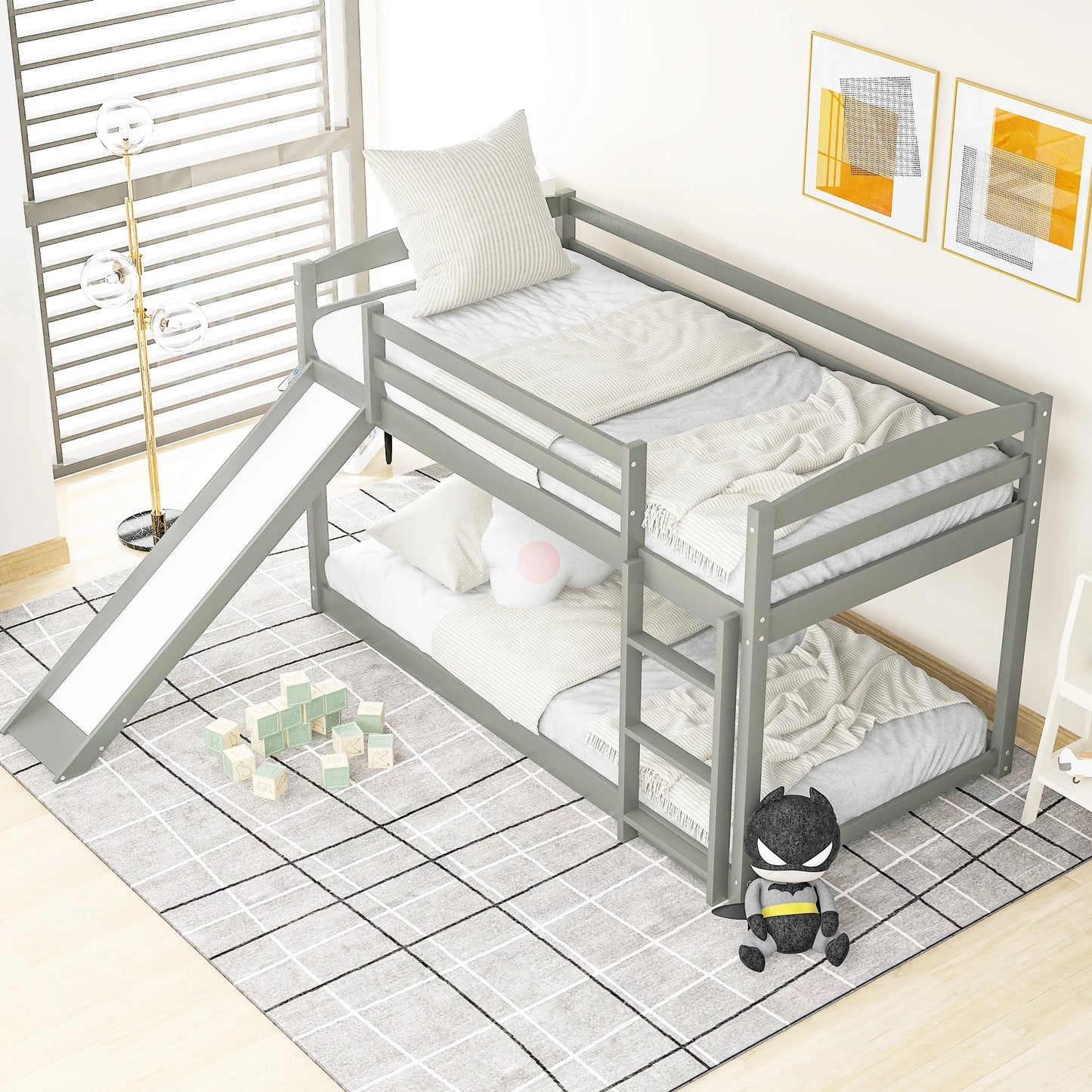 Floor Bunk Bed with Convertible Slide and Ladder,  Wood Bunk Beds with Guardrail for Boys Girls Toddlers, Gray Twin over Twin Bunk Bed, Kids Floor Bunk Bed for Home Children’S Room, TE838