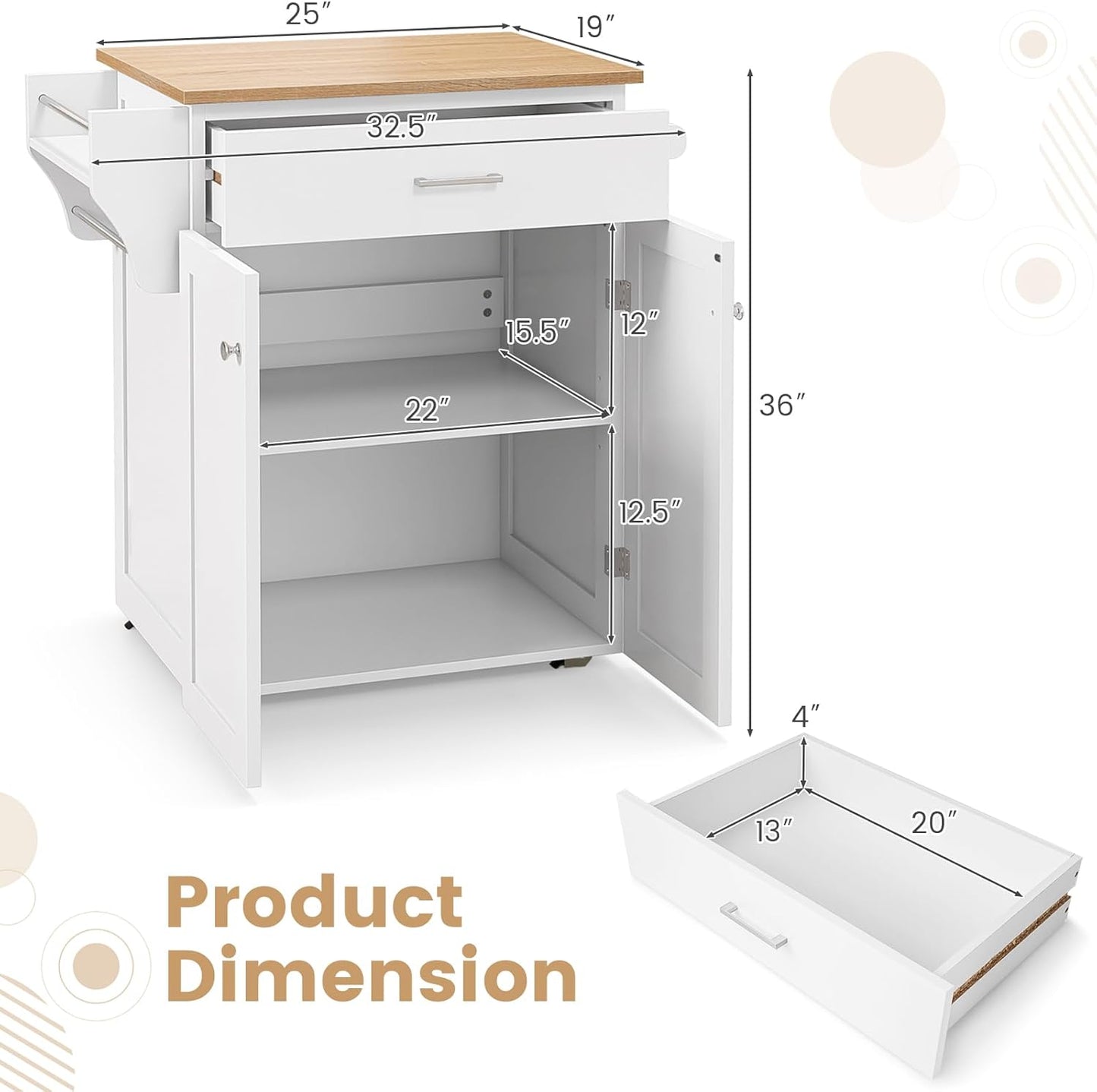 Rolling Kitchen Island, Kitchen Trolley Cart with Spice Rack, Large Drawer, Towel Rack, Storage Pantry Cabinet with Adjustable Shelf, Kitchen Cart on Wheels, Dining Room Furniture (White)