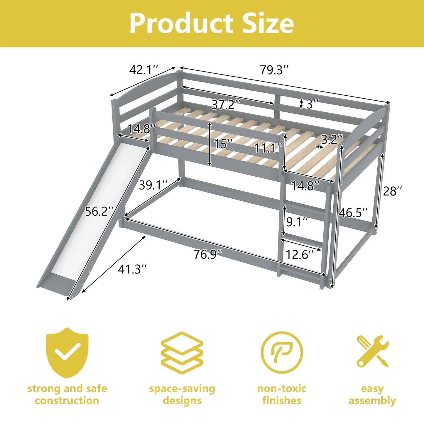 Floor Bunk Bed with Convertible Slide and Ladder,  Wood Bunk Beds with Guardrail for Boys Girls Toddlers, Gray Twin over Twin Bunk Bed, Kids Floor Bunk Bed for Home Children’S Room, TE838