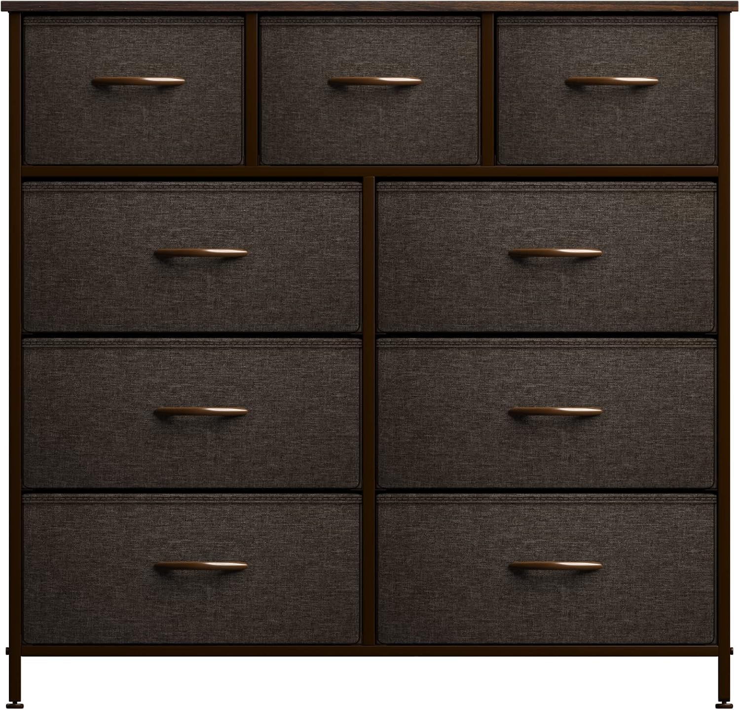 Dresser with 9 Drawers - Furniture Storage Chest Tower Unit for Bedroom, Hallway, Closet, Office Organization - Steel Frame, Wood Top, Easy Pull Fabric Bins (Brown)