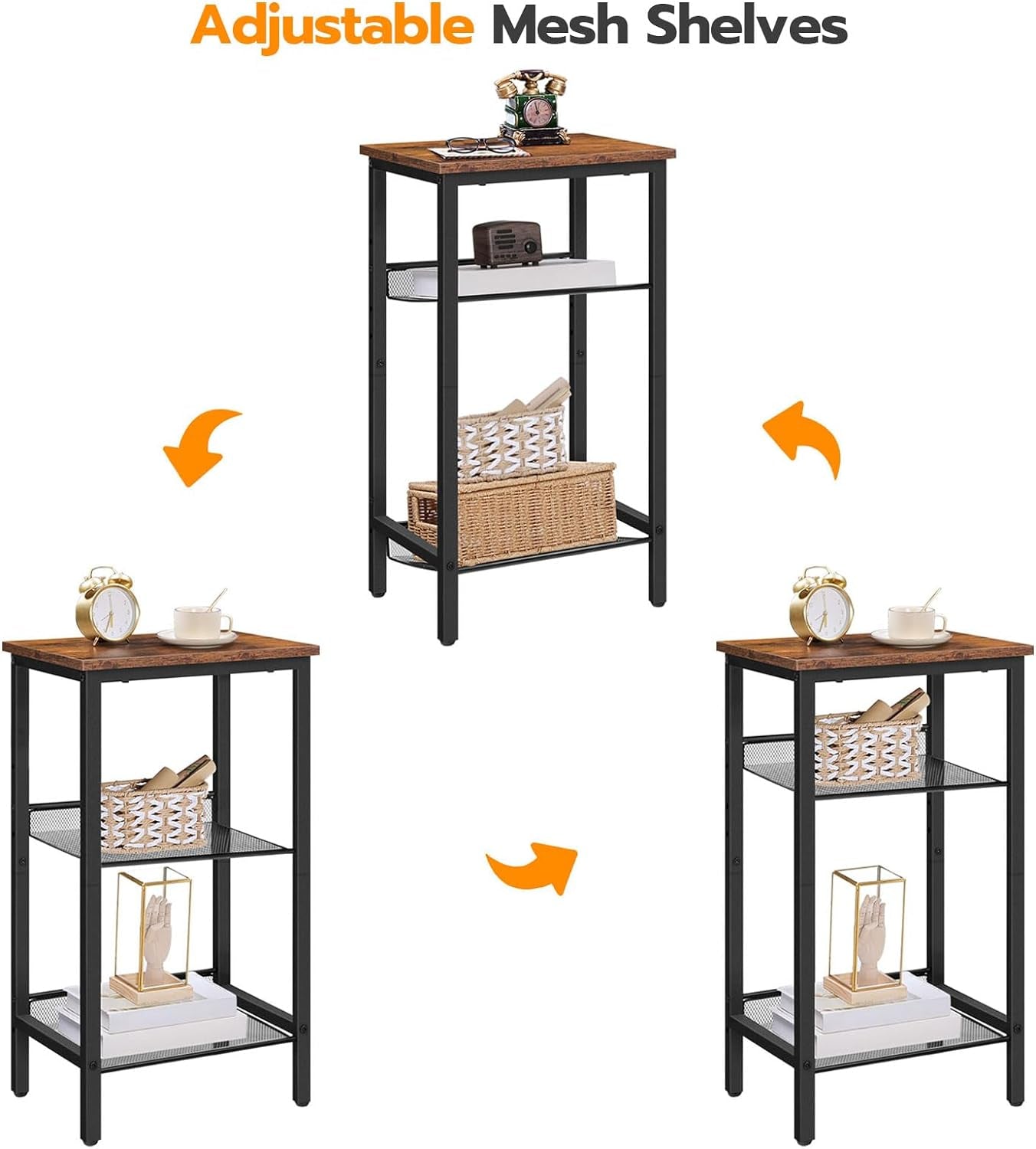 Side Table, 3-Tier Tall End Telephone Table with Adjustable Mesh Shelves, Small Entry Table for Living Room Bedroom Hallway or Office, Rustic Brown and Black BF01DH01G1