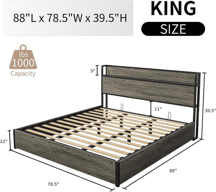 AMERLIFE Full Size Lift up Storage Bed, Wood Platform Bed Frame with Storage Headboard & Charging Station, No Box Spring Needed, Easy Assembly