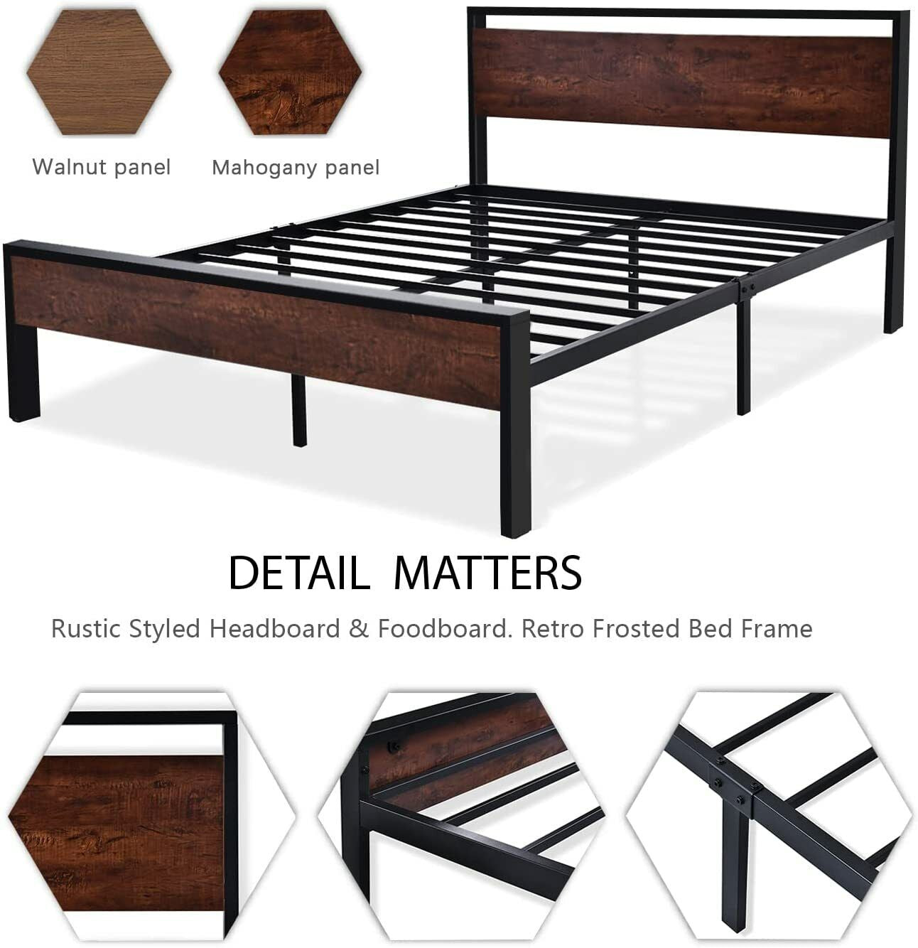 King Size Metal Platform Bed Frame with Wooden Headboard & Footboard,Maho