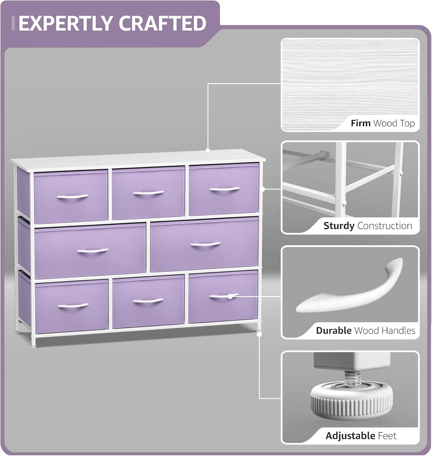 Kids Dresser with 8 Drawers - Chest Organizer Unit with Steel Frame Wood Top & Handle, Fabric Bins for Clothes - Wide Furniture for Bedroom Hallway Kids Room Nursery & Closet