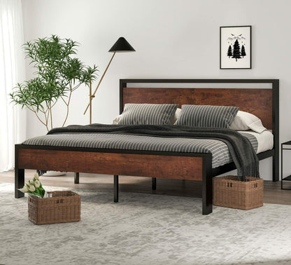 King Size Metal Platform Bed Frame with Wooden Headboard & Footboard,Maho