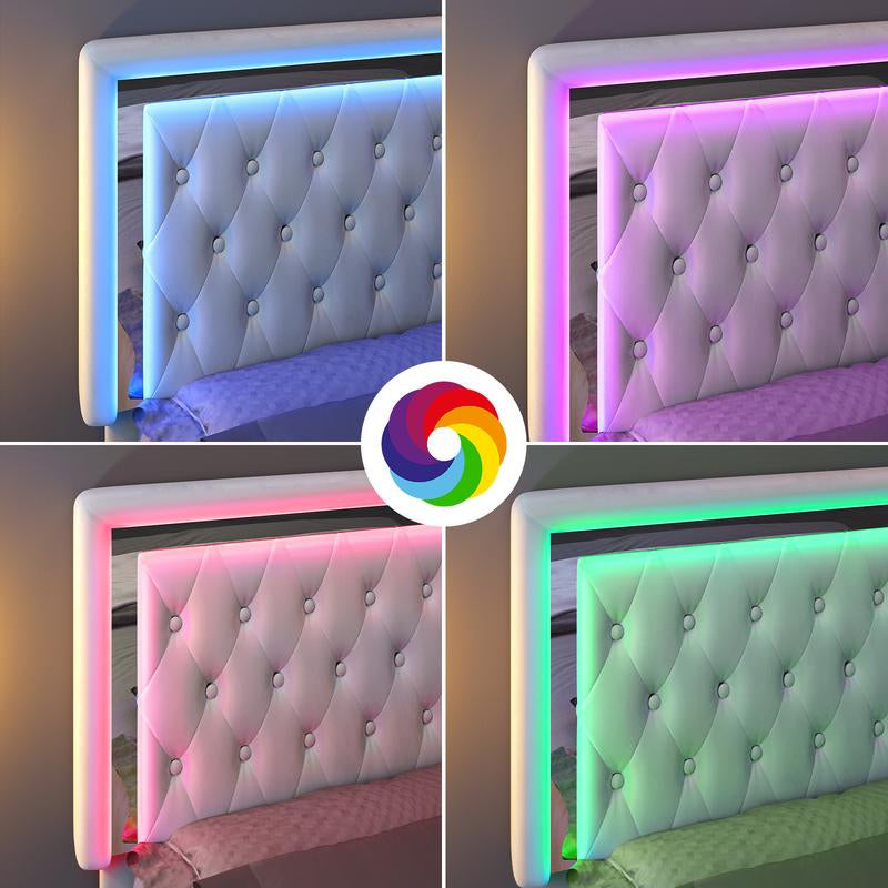 【Holiday Deal】Amerlife LED Bed Frame with Led Lights Adjustable Headboard Velvet Button Tufted/Acrylic Mirror Accents, No Box Spring Needed