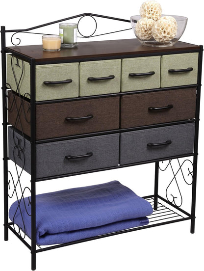 Victoria Dresser Table Storage Organizer with 8 Multi Color Drawers and Shoe Shelf Black Metal Frame and Walnut Wood Grain Top