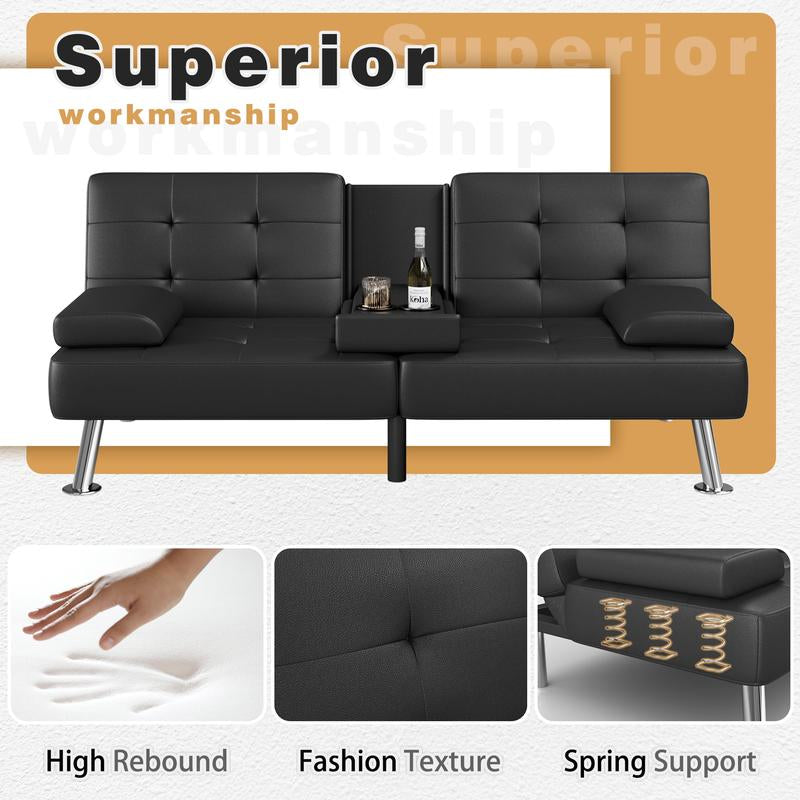 【Black Friday】Homall Futon Sofa Bed Faux Leather Couch Modern Convertible Folding Recliner with 2 Cup Holders