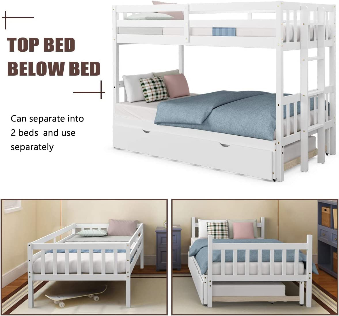 Twin over Pull-Out Bunk Bed with Trundle, Extendable Twin/Full/Queen/King Bunk Bed, Solid Wood Bunk Bed with Ladder and Safety Rail, Wooden Bunk Beds for Kids Adults Teens, White