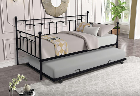 Twin Size Metal Frame Daybed with Trundle,Heavy Duty Steel Slat Support Saving Space Bed Sofa,Bedroom Living Room Furniture for Guest,No Spring Box Needed Black, Black