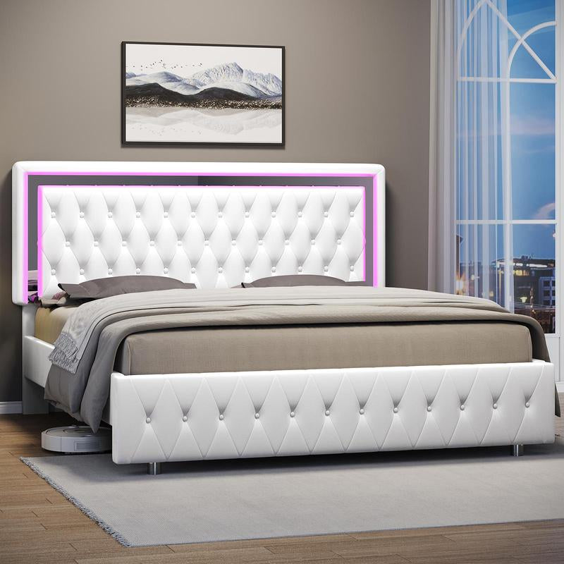 【Holiday Deal】Amerlife LED Bed Frame with Led Lights Adjustable Headboard Velvet Button Tufted/Acrylic Mirror Accents, No Box Spring Needed