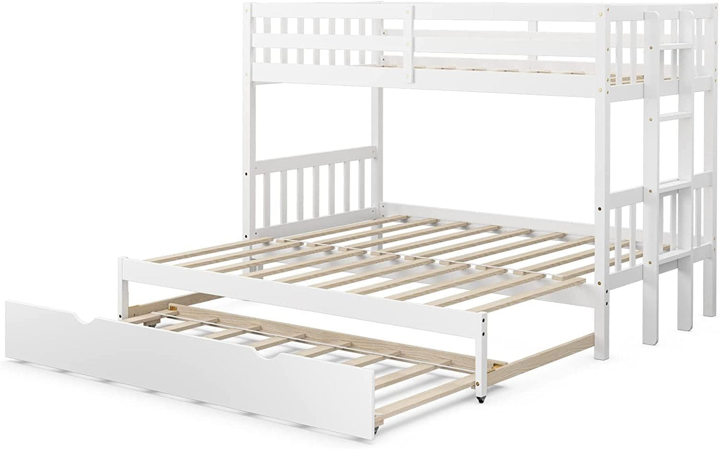 Twin over Pull-Out Bunk Bed with Trundle, Extendable Twin/Full/Queen/King Bunk Bed, Solid Wood Bunk Bed with Ladder and Safety Rail, Wooden Bunk Beds for Kids Adults Teens, White