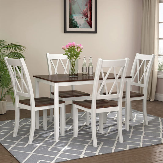 Dining Table Set, 5 Piece Kitchen Dining Table Set, Wooden Dining Table and Chair Set, Kitchen Dining Room Furniture (White+Cherry)