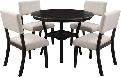 5-Piece Dining Set, round Bottom Shelf, 4 Upholstered Chairs, Ideal for Kitchen, Dinning Room and Bar Table, Espresso, Beige