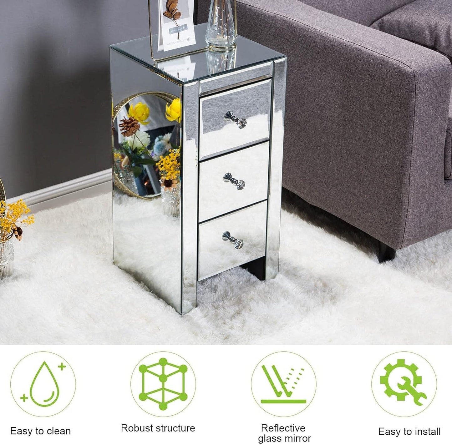 Mirrored Nightstand, Mirror Nightstands, Silver Glass Nightstand with 3-Drawer, Small Bed Side Tables, Mirrored End Table, Bedside Accent Table Dresser Furniture for Bedroom, Living Room (Style 2)