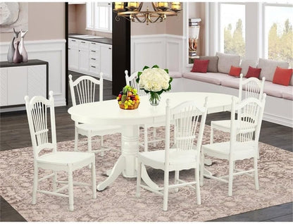 VADO7-LWH-W 7 Piece Modern Dining Table Set Consist of an Oval Wooden Table with Butterfly Leaf and 6 Dining Room Chairs, 40X76 Inch, Linen White