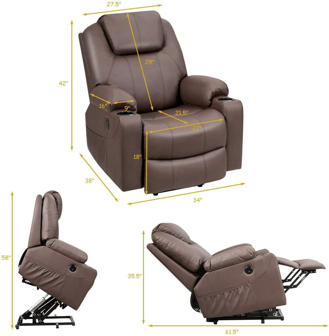 Power Lift Recliner Chair for Elderly, Faux Leather Electric Recliner W/Massage and Heating, 3 Positions, Side Pockets and Cup Holders, USB Ports, Remote Control, Motorized Home Theater Seat