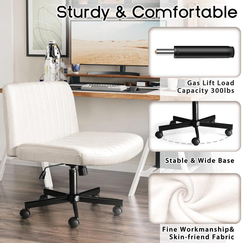 PUKAMI Criss Cross Chair with Wheels,Office Chair,Desk Chair,Computer Chair,Fabric Padded Armless Cross Legged Office Desk Chair for Home Office,Modern Swivel Height Adjustable Wide Seat Computer Task Vanity Chair