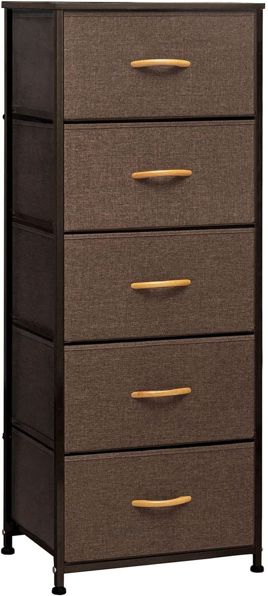 Dresser for Bedroom with 5 Drawers, Tall Dresser Vertical Storage Tower, Sturdy Metal Frame, Fabric Storage Bins with Wooden Handle and Wooden Top, Organizer Unit for Closet/Hallway, Brown